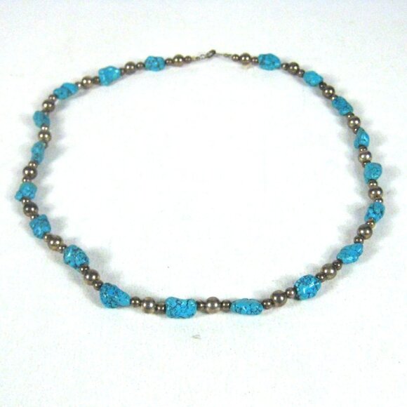 Dyed Howlite Stone Sterling Silver 925 Nugget Bead Necklace Southwest 19 In - Picture 1 of 11